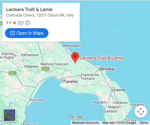 Mappa: Lacinera Trulli e Lamie, Contrada Cinera, Ostuni. Cartografia Google.